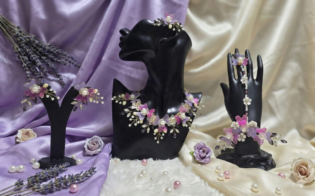 Rani-Purple Symphnoy Set (1 Necklace, 2 Ring Bracelet, 1 Pair of Earrings, 1 Maang Tikka)