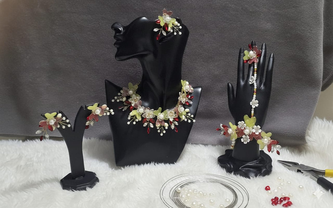 Red-Yellow Symphnoy Set (1 Necklace, 2 Ring Bracelet, 1 Pair of Earrings, 1 Maang Tikka)