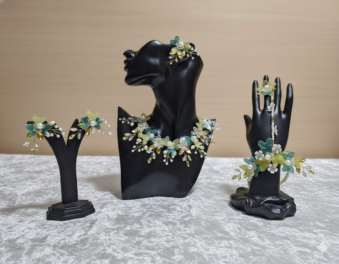 Yellow Green Symphnoy Set (1 Necklace, 2 Ring Bracelet, 1 Pair of Earrings, 1 Maang Tikka)