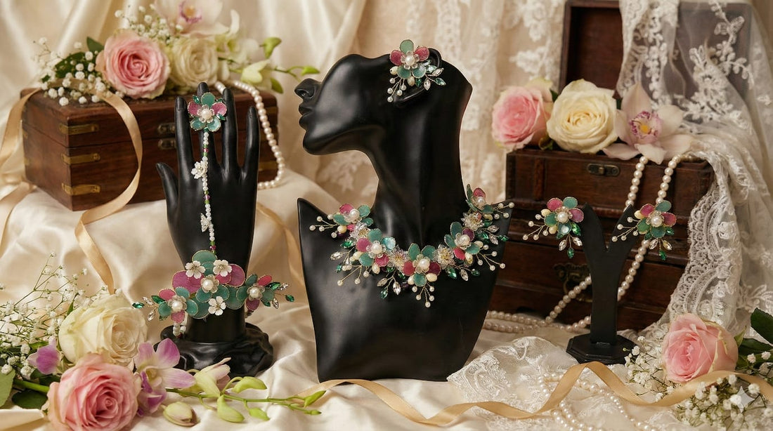 Rani-Green Tilak Petals Set (1 Necklace, 2 Ring Bracelet, 1 Pair of Earrings, 1 Maang Tikka)