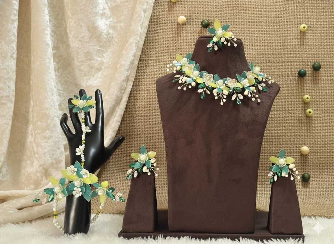 Yellow-Green Markis Petals Set (1 Necklace, 2 Ring Bracelet, 1 Pair of Earrings, 1 Maang Tikka)
