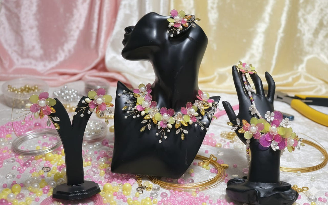 Yellow-Rani Tilak Petals Set (1 Necklace, 2 Ring Bracelet, 1 Pair of Earrings, 1 Maang Tikka)