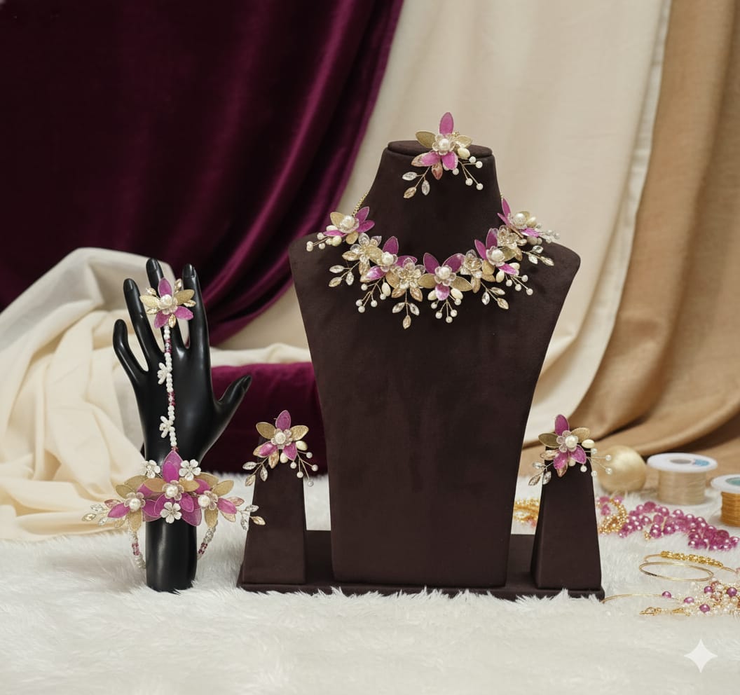 Rani-Golden Markis Petals Set (1 Necklace, 2 Ring Bracelet, 1 Pair of Earrings, 1 Maang Tikka)