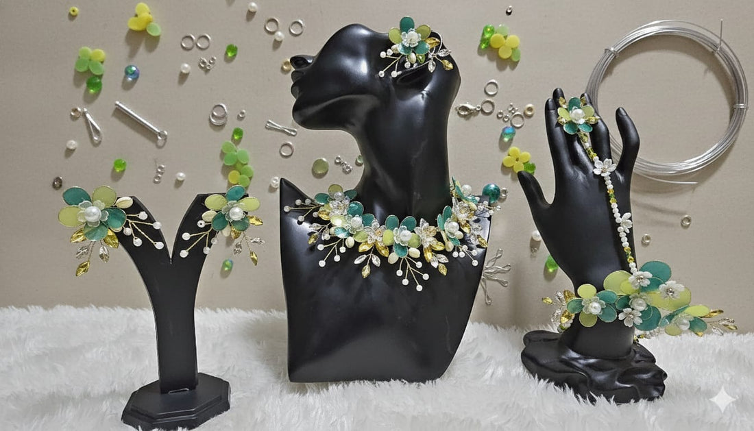 Yellow-Green Tilak Petals Set (1 Necklace, 2 Ring Bracelet, 1 Pair of Earrings, 1 Maang Tikka)