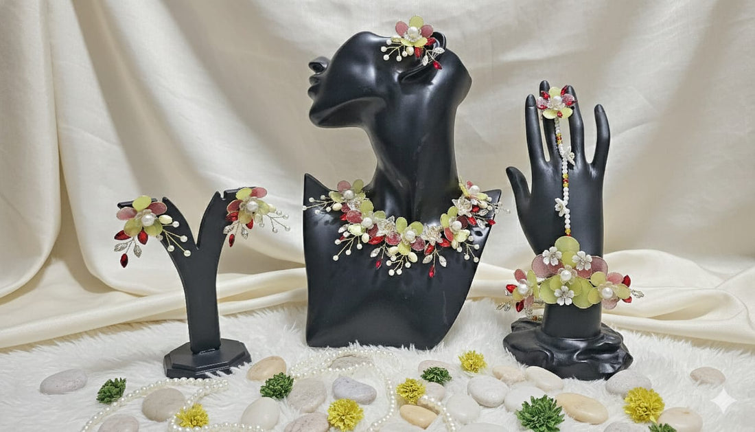 Red-Yellow Tilak Petals Set (1 Necklace, 2 Ring Bracelet, 1 Pair of Earrings, 1 Maang Tikka)