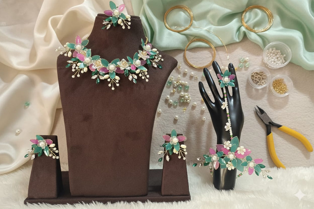 Rani-Green Markis Petals Set (1 Necklace, 2 Ring Bracelet, 1 Pair of Earrings, 1 Maang Tikka)