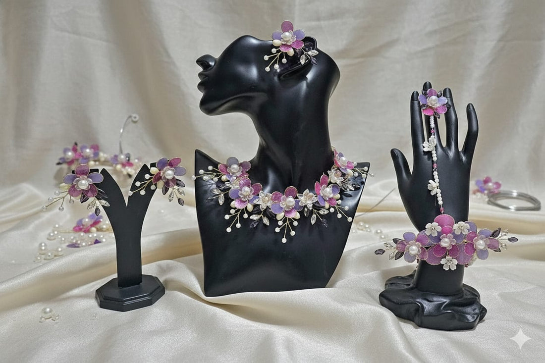 Purple-Rani Tilak Petals Set (1 Necklace, 2 Ring Bracelet, 1 Pair of Earrings, 1 Maang Tikka)