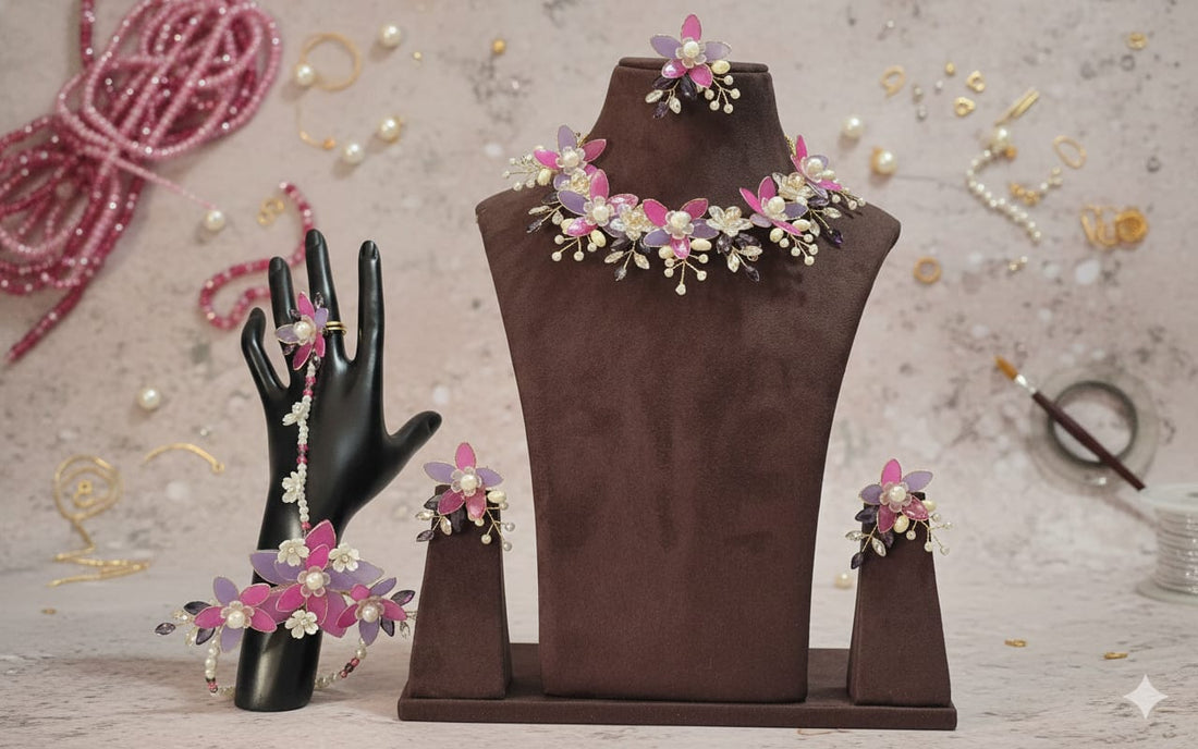 Rani-Purple Markis Petals Set (1 Necklace, 2 Ring Bracelet, 1 Pair of Earrings, 1 Maang Tikka)