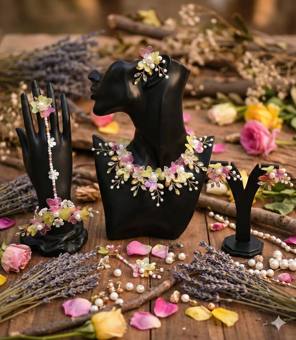 Rani-Yellow Symphnoy Set (1 Necklace, 2 Ring Bracelet, 1 Pair of Earrings, 1 Maang Tikka)