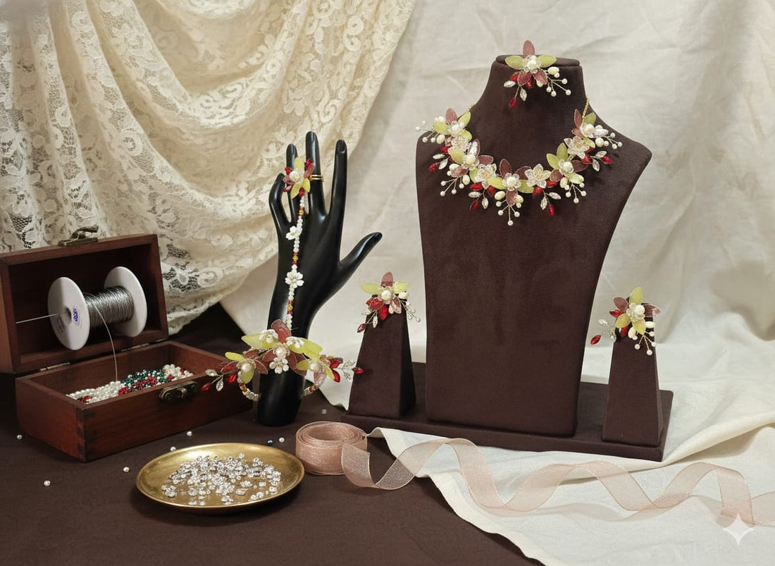 Red-Yellow Markis Petals Set (1 Necklace, 2 Ring Bracelet, 1 Pair of Earrings, 1 Maang Tikka)