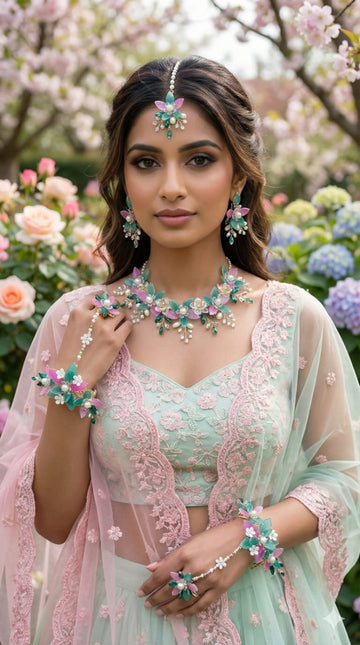 Rani-Green Markis Petals Set (1 Necklace, 2 Ring Bracelet, 1 Pair of Earrings, 1 Maang Tikka)
