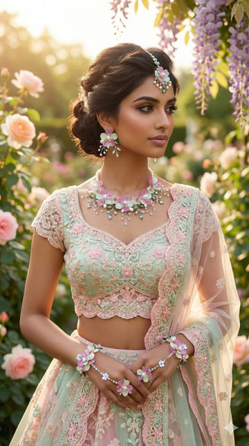 Pista-Rani Tilak Petals Set (1 Necklace, 2 Ring Bracelet, 1 Pair of Earrings, 1 Maang Tikka)