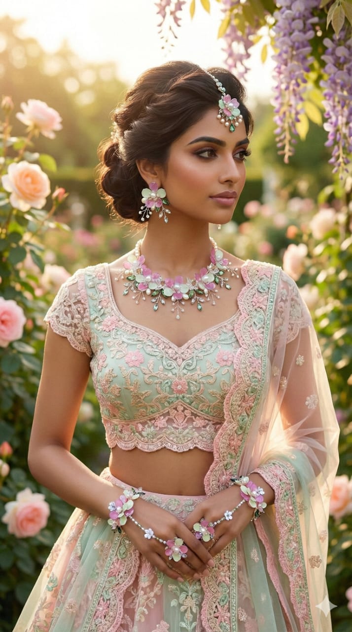 Pista-Rani Tilak Petals Set (1 Necklace, 2 Ring Bracelet, 1 Pair of Earrings, 1 Maang Tikka)