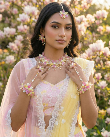 Rani-Yellow Markis Petals Set (1 Necklace, 2 Ring Bracelet, 1 Pair of Earrings, 1 Maang Tikka)