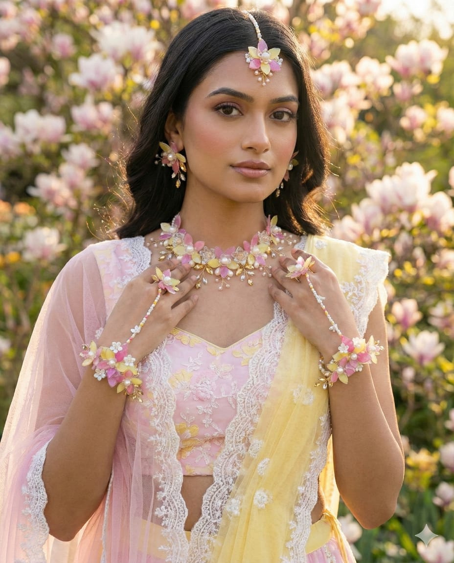 Rani-Yellow Markis Petals Set (1 Necklace, 2 Ring Bracelet, 1 Pair of Earrings, 1 Maang Tikka)